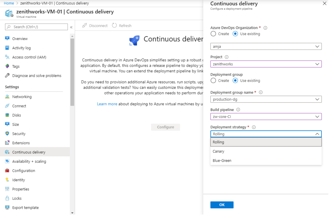 Screenshot that shows the Continuous delivery dialog box.