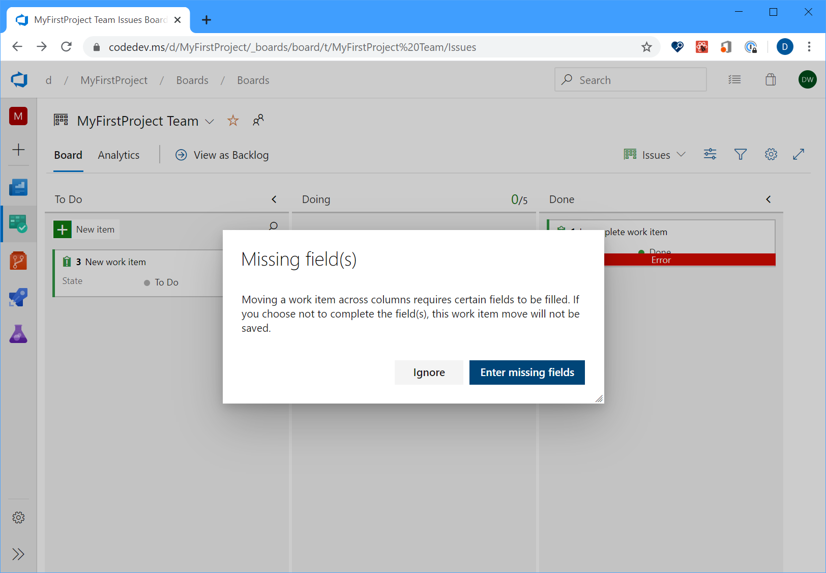 Screenshot showing the Missing fields dialog box that appears when you click the red error message.