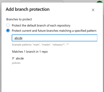 Image to show add branch protection case sensitive