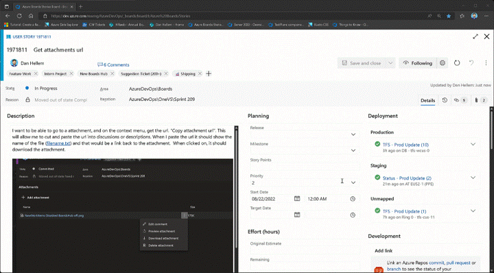 Gif to demo option to copy work item attachment URL