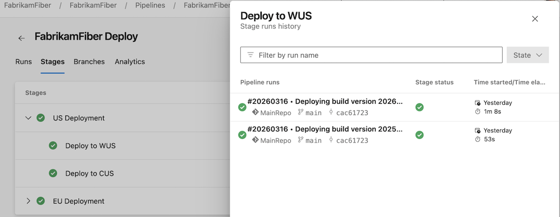 Deployment history for a pipeline stage
