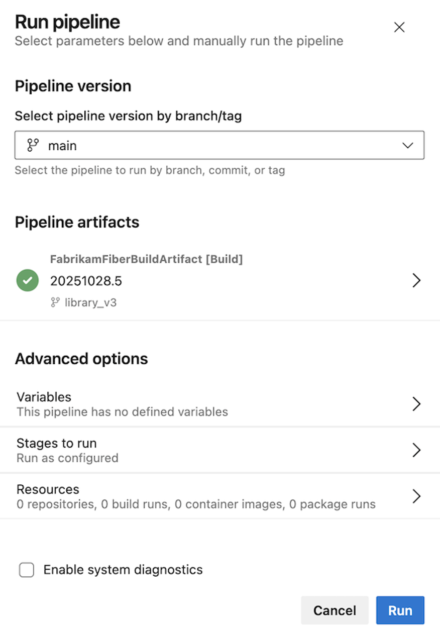 Run pipeline panel with a pipeline artifact