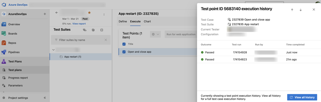 Execution history panel for an individual test point