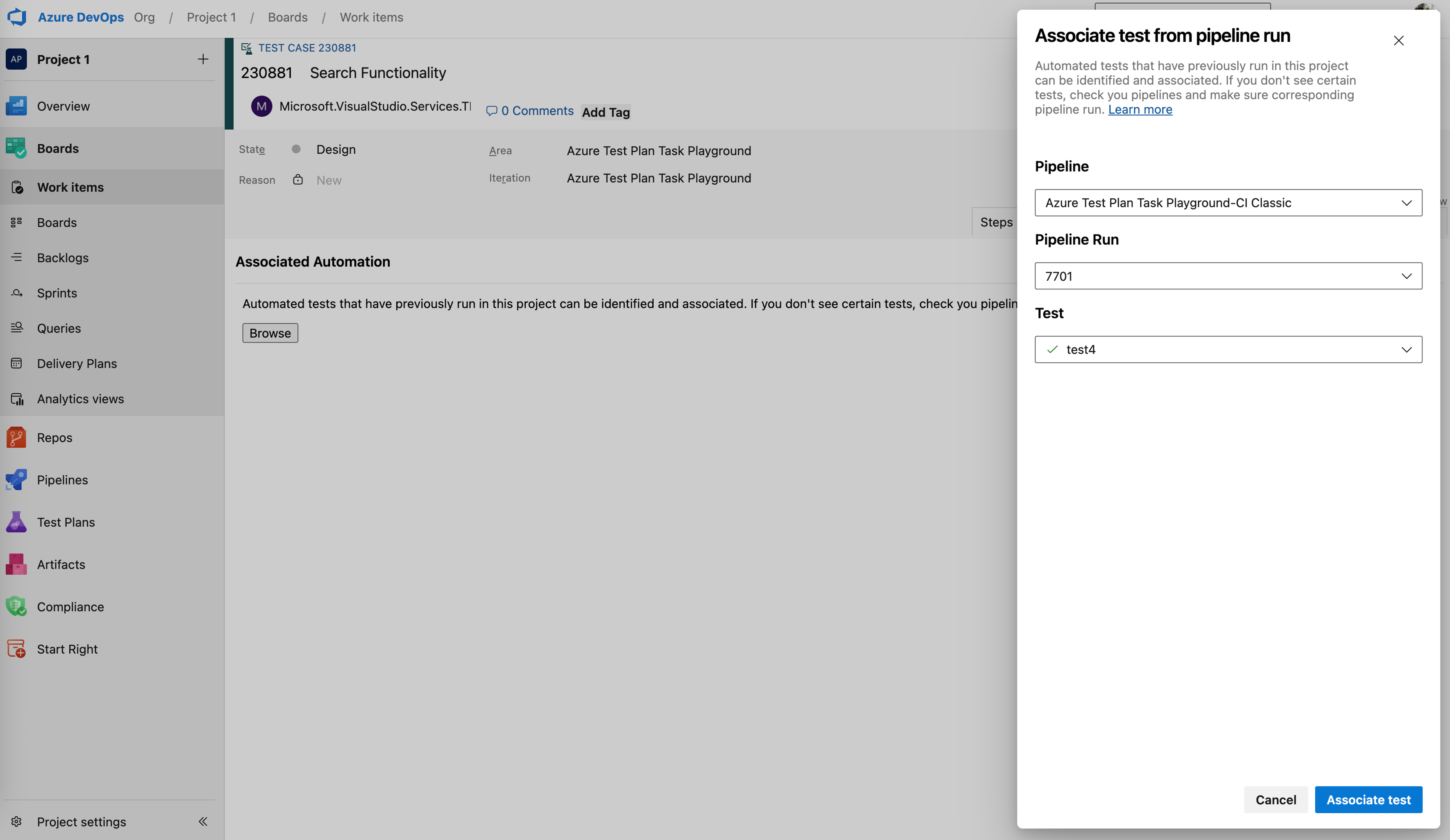 Automated test association controls in a test case