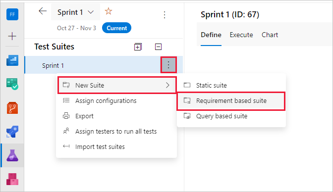 Screenshot shows creating a requirement-based test suite for Azure DevOps Server 2020 and Azure DevOps Services.