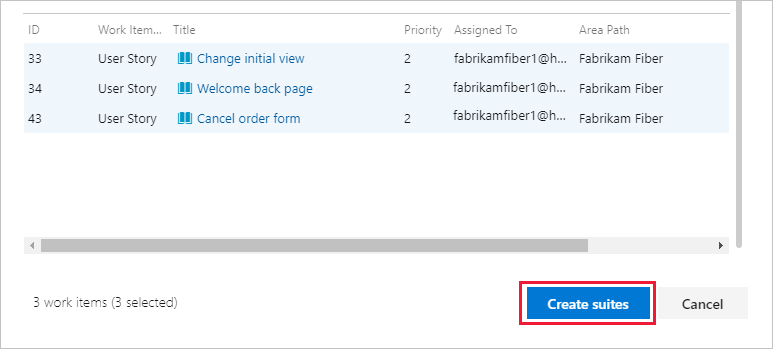 Screenshot shows adding requirement-based suites for your backlog items for Azure DevOps Server 2020 and Azure DevOps Services.
