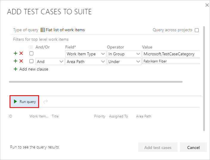 Screenshot shows the Add test cases to suite dialog box with the Run query button highlighted.