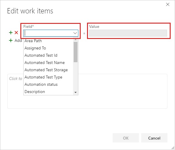 Screenshot shows the Edit work items dialog box where you can select fields and values for several test cases.