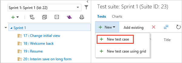 Select the test suite for a backlog item and adding a new test case