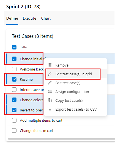 Screenshot shows several test cases selected with the context menu open and Edit test case(s) in grid selected.