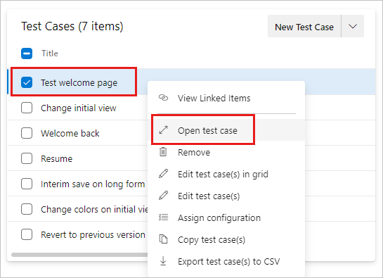 Screenshot shows a test case with its context menu with Open test case selected.
