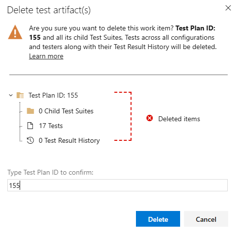 Screenshot shows delete test artifacts dialog box.