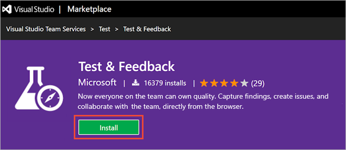 Visual Studio Marketplace, Test & Feedback extension, Install