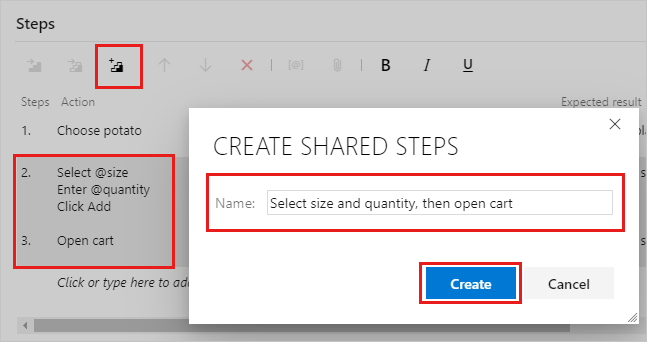 Screenshot shows the Create Shared Steps dialog box with a name entered.