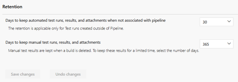 Screenshot showing the Test Retention settings page in Project settings.