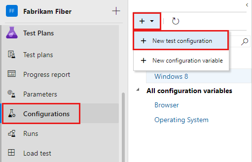 Screenshot shows the New test configuration option in the New menu.