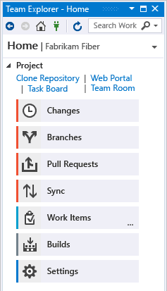 Visual Studio 2015, Team Explorer Home page with Git as source control.