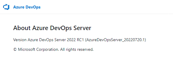Screenshot of About page for Azure DevOps Server on-premises.
