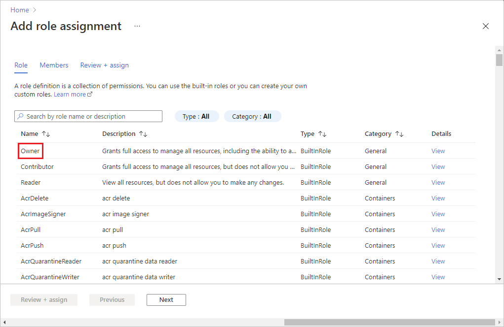Screenshot that shows the Add role assignment page with the Role tab selected.