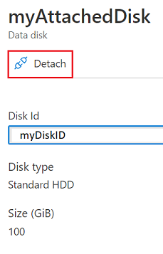 Screenshot showing Detach on the Data disk page.