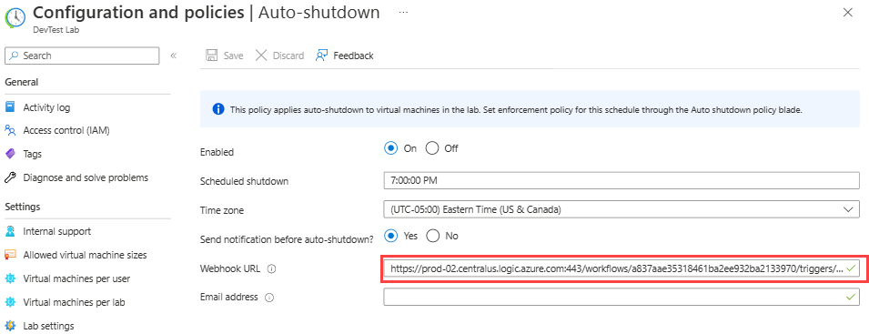 Screenshot showing pasting the webhook URL into the auto-shutdown settings.