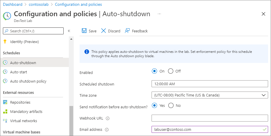 Configure auto shutdown policy for labs and virtual machines