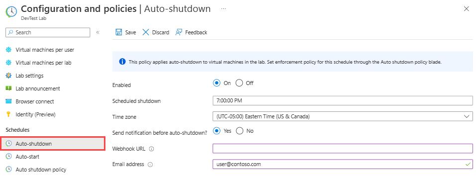 Screenshot showing setting auto shutdown details for a virtual machine.