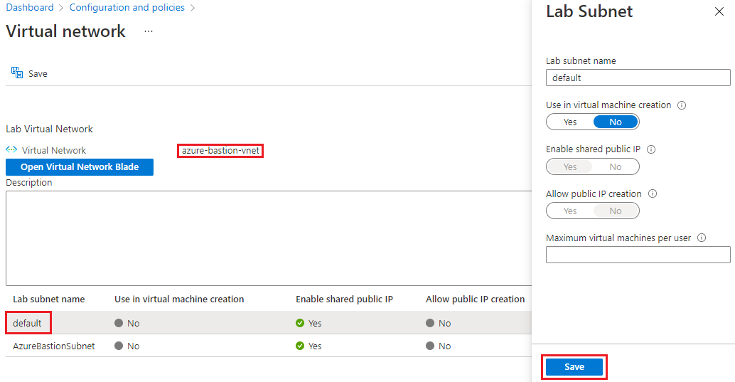 Screenshot that shows the settings for the Lab subnet pane.
