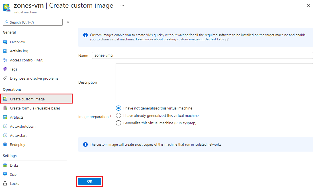 Screenshot that shows the Create custom image selection on a V M's Overview page.