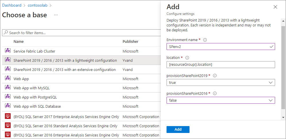 Screenshot that shows the Add pane for a SharePoint environment.