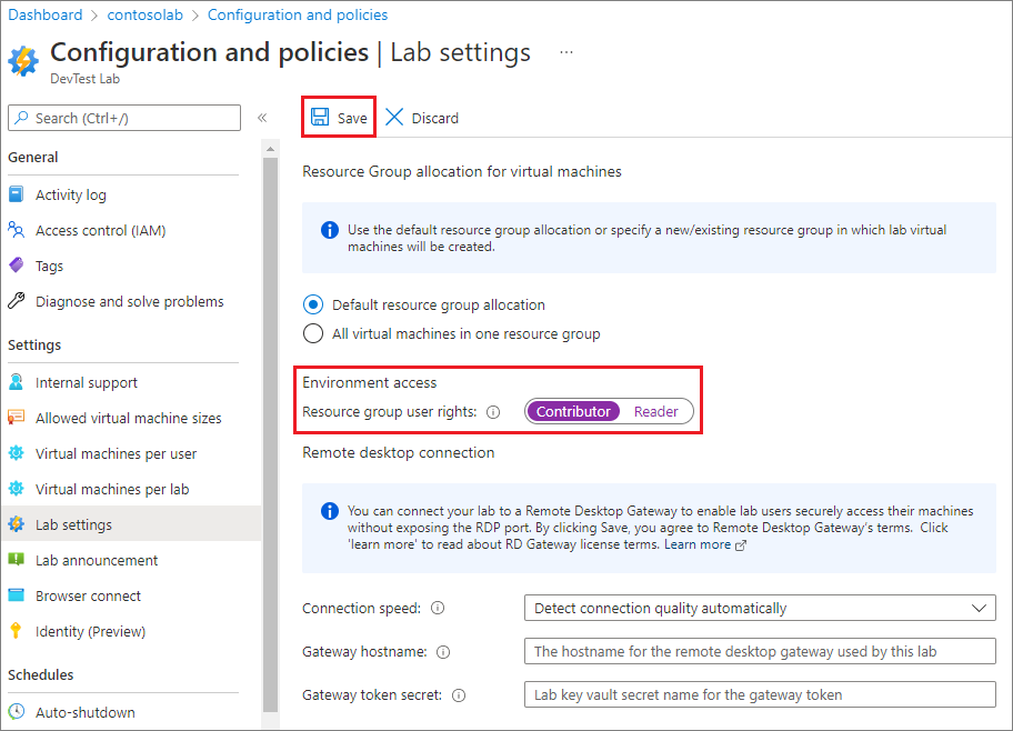 Screenshot that shows configuring lab user Contributor permissions.