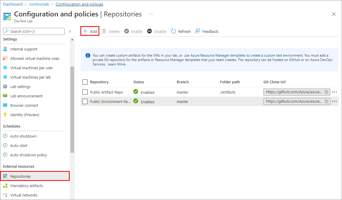 Screenshot that shows the Repositories configuration screen.