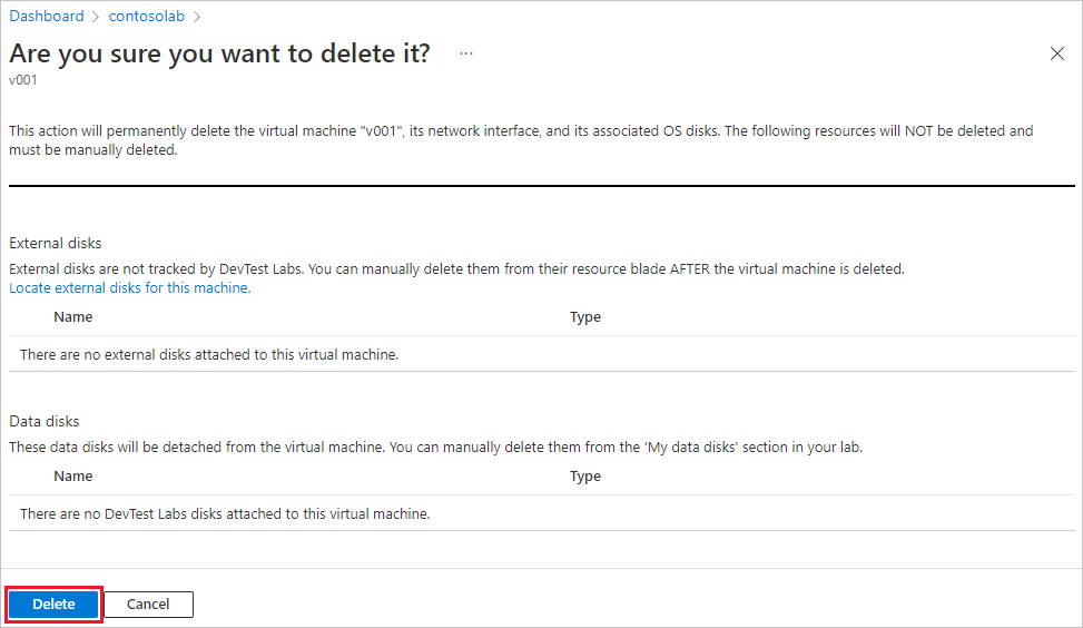 Screenshot of the V M deletion confirmation page.