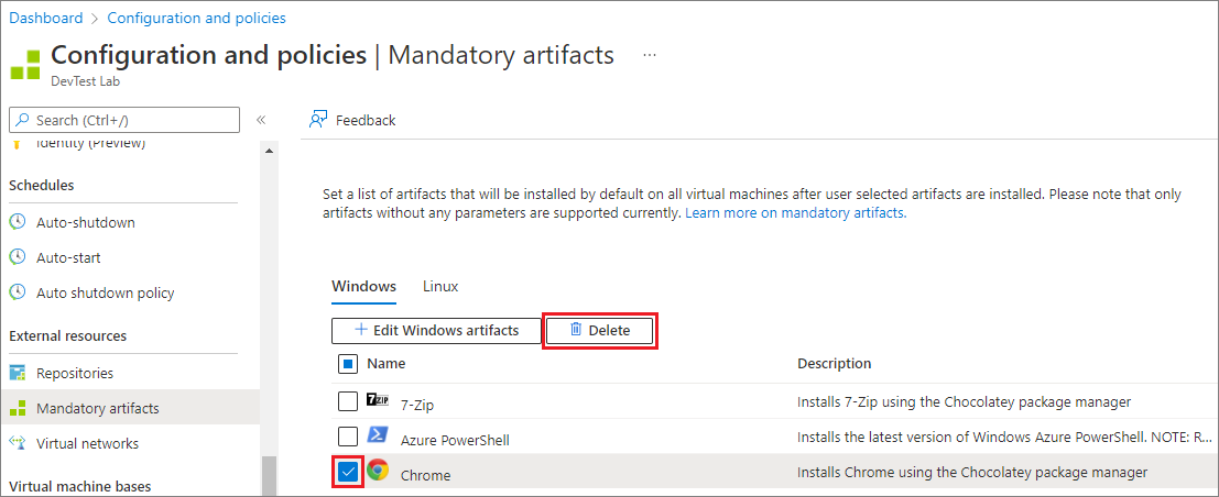 Screenshot that shows the Delete button to remove a mandatory artifact.