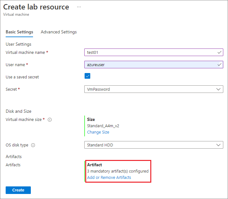 Screenshot that shows the Create lab resource screen with number of mandatory artifacts and Add or Remove Artifacts link.