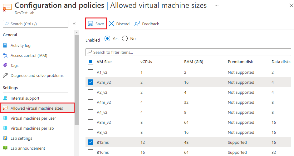 Screenshot showing Allowed virtual machines sizes.