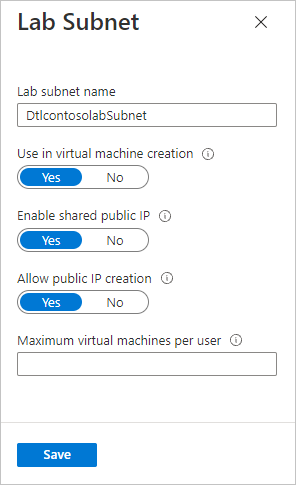 Screenshot that shows the Shared I P setting on the Lab Subnet page.