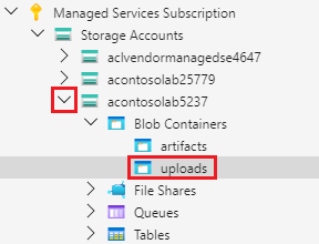 Screenshot that shows the expanded Blob Containers node with the uploads directory.