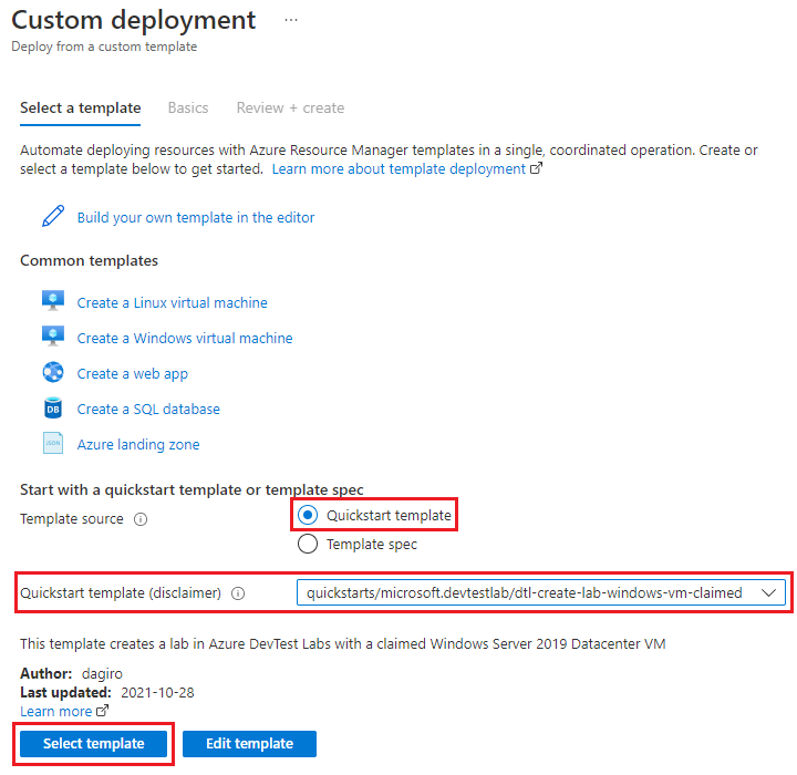 Screenshot of selecting the template on the Custom deployment page.