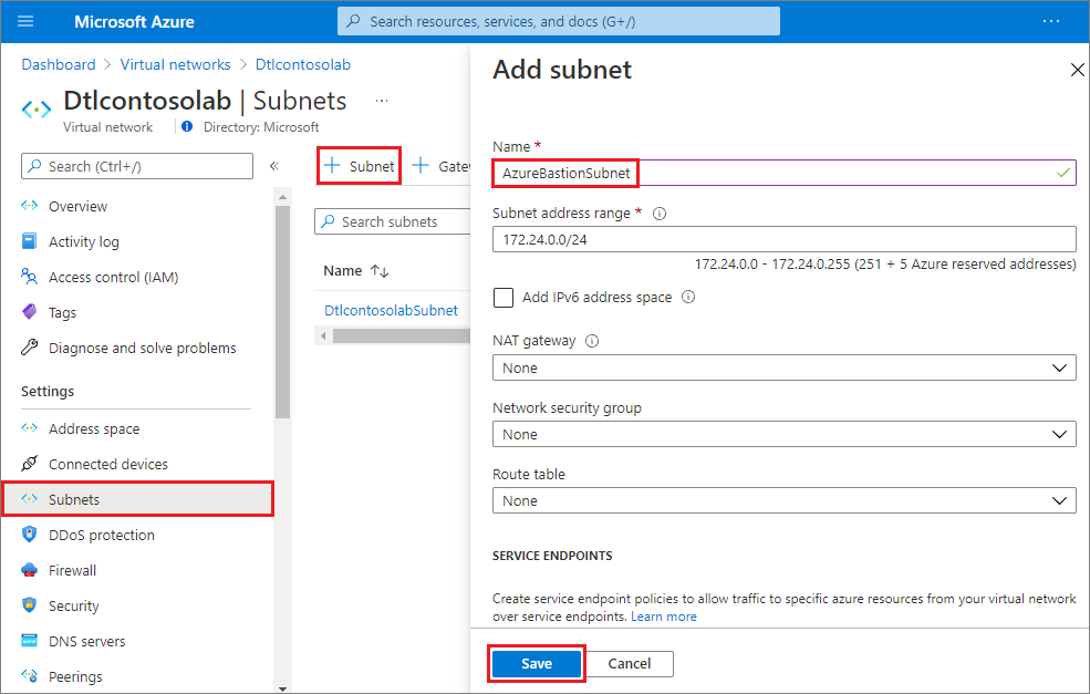 Screenshot that shows adding a subnet in the existing virtual network.
