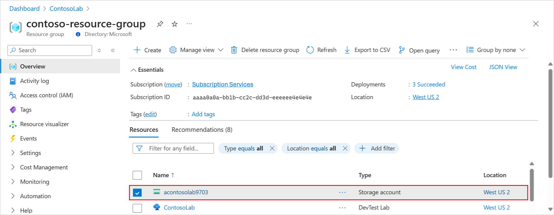 Screenshot that shows selecting the storage account in the lab's resource group.