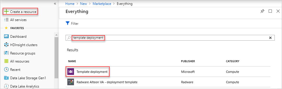 Screenshot that shows the Azure Marketplace with template deployment selected.