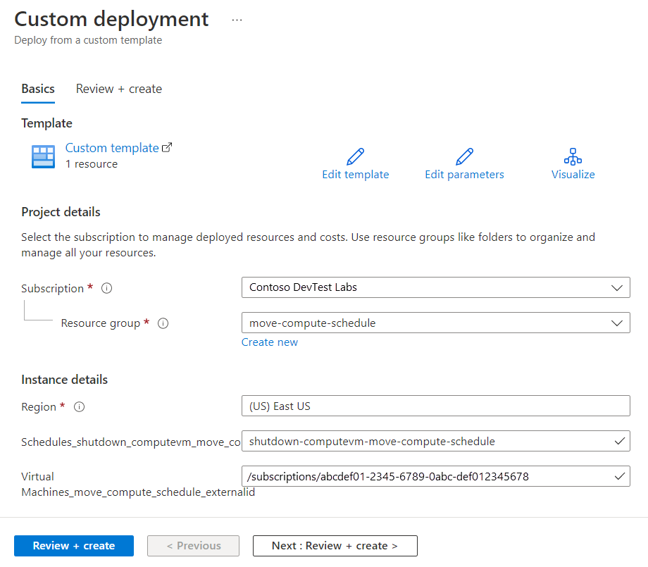 Screenshot that shows the custom deployment page, with new location values for the relevant settings.