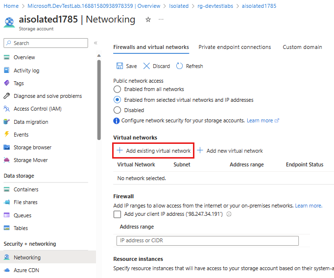 Screenshot that shows the resource group networking pane with add existing virtual network highlighted.