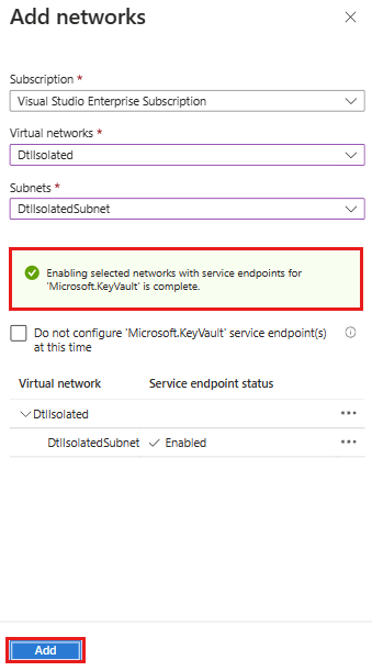 Screenshot that shows adding a virtual network and subnet in a key vault.