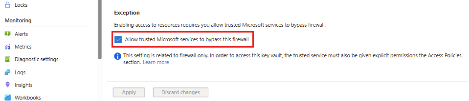 Screenshot that shows allowing trusted services access to a key vault.
