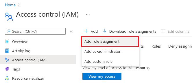 Screenshot of the Access control (IAM) page with the Add role assignment menu open.