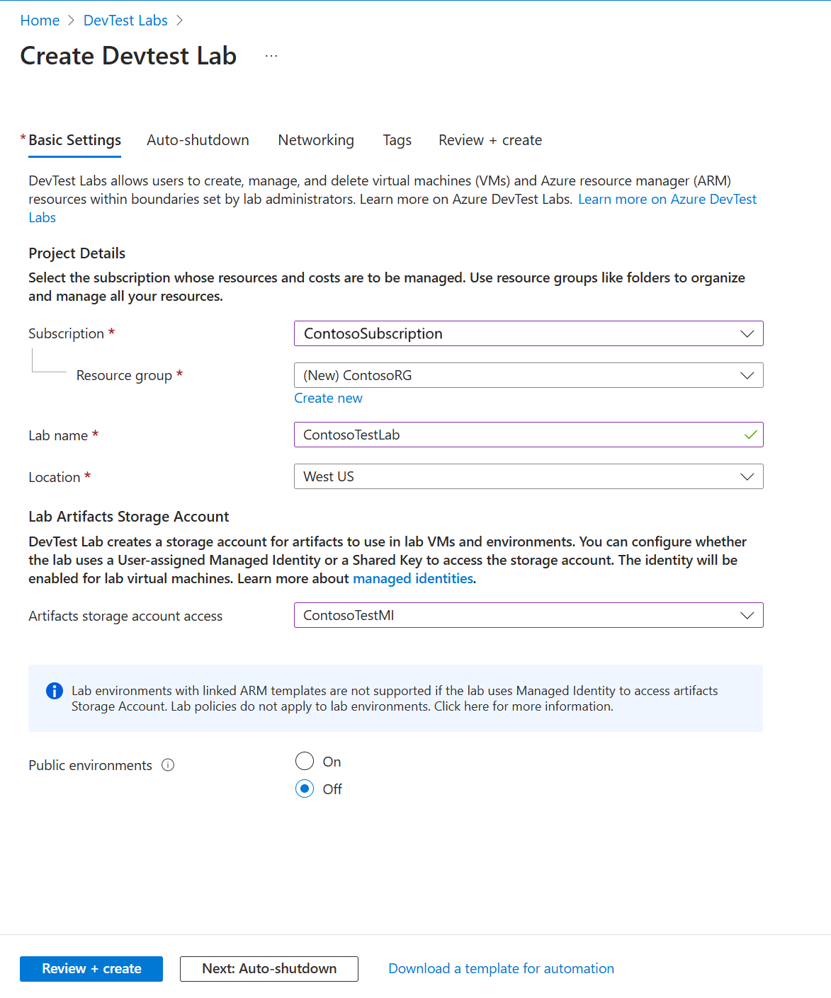 Screenshot of the Basic Settings tab of the lab creation form.