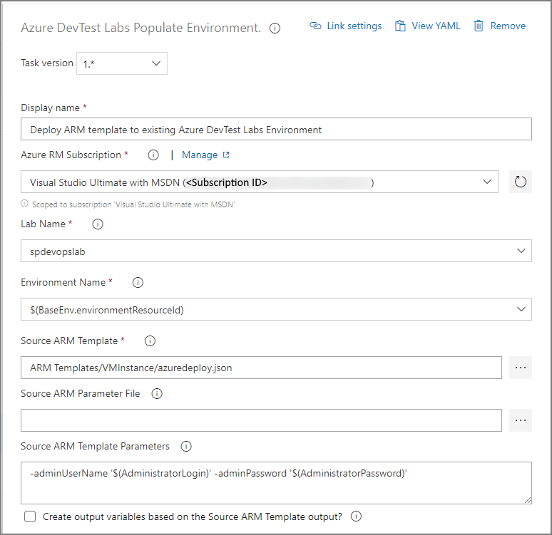 Screenshot that shows the Populate Azure DevTest Labs Environment task.