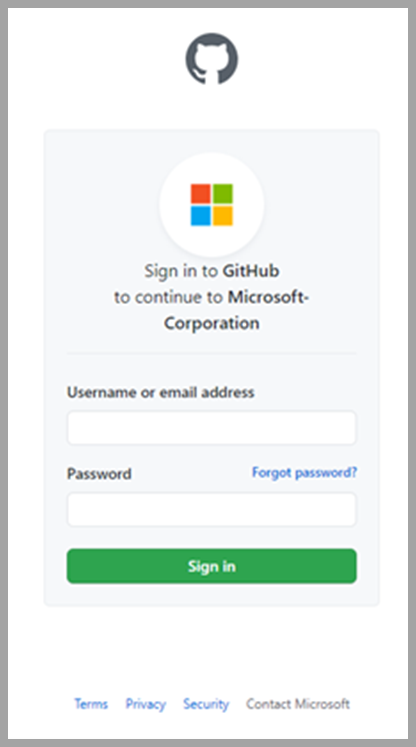 Screenshot of the Microsoft sign into GitHub to continue to Microsoft-Corporation.